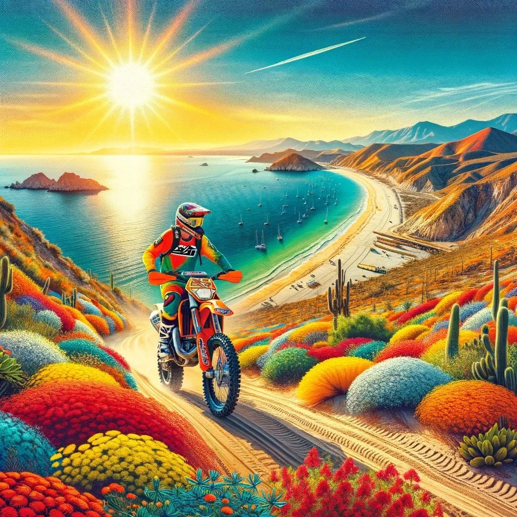 Illustration of a rider on an orange dirt bike on a sandy trail above a sunny bay