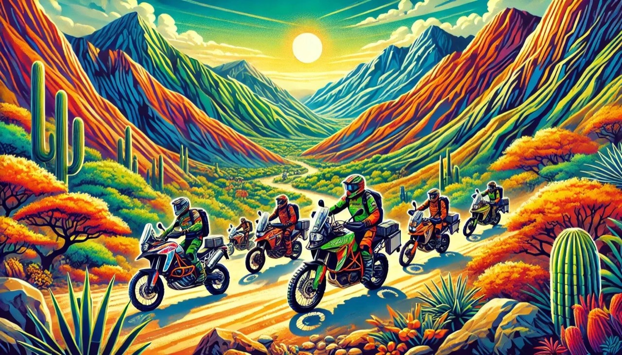 Illustration of a line of adventure bikes riding a valley trail between colorful mountains