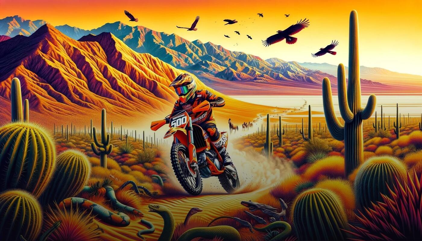 Illustration of a rider on an orange dirt bike kicking up dust between saguaro cactus, mountains behind