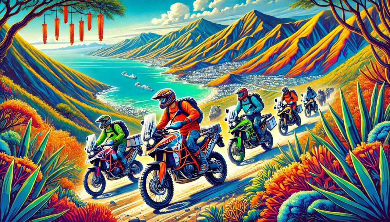 Illustration of loaded adventure bikes riding a coastal trail above a blue Baja bay