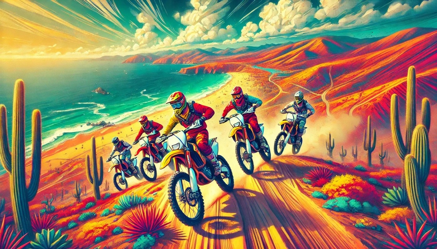 Illustration of five dirt bike riders on a sandy track above a turquoise Baja coastline