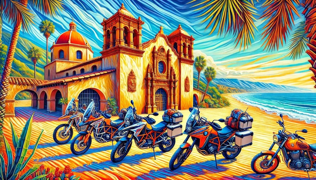 Illustration of loaded adventure bikes parked in front of a mission-style building by the beach