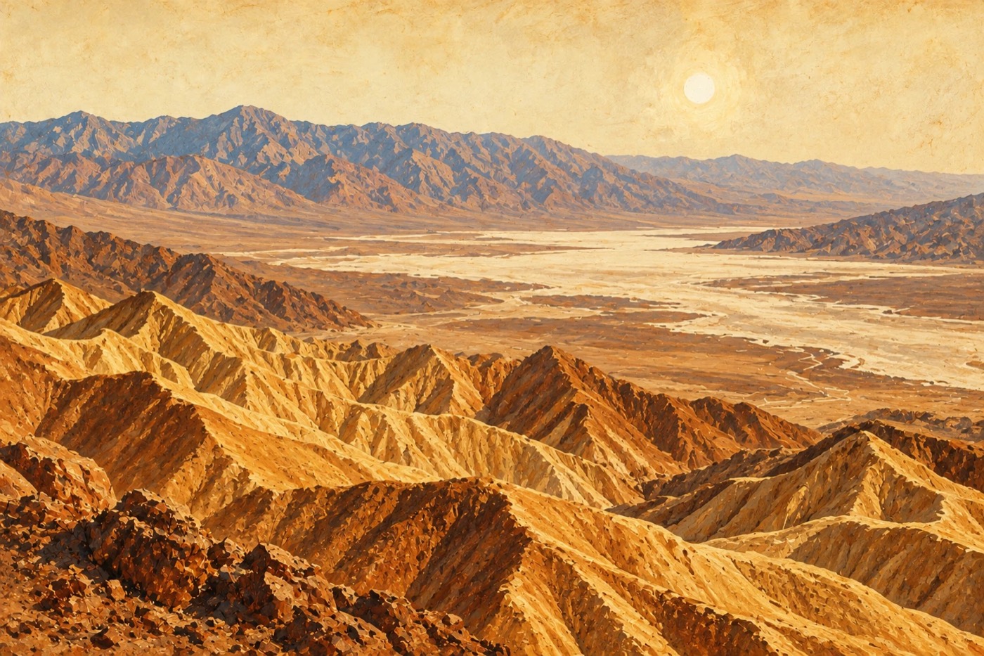 Illustration of golden Death Valley badlands above a pale salt basin and distant mountains
