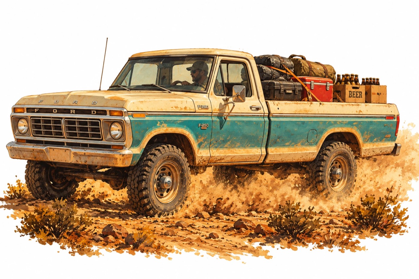 Illustration of a vintage Ford pickup loaded with riders' duffel bags, crossing the desert