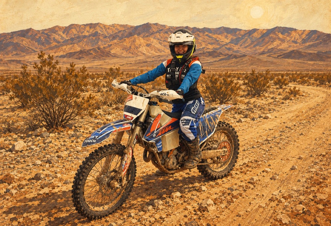 Western-style illustration of Chef Ruth in blue riding gear on her dirt bike on a desert track