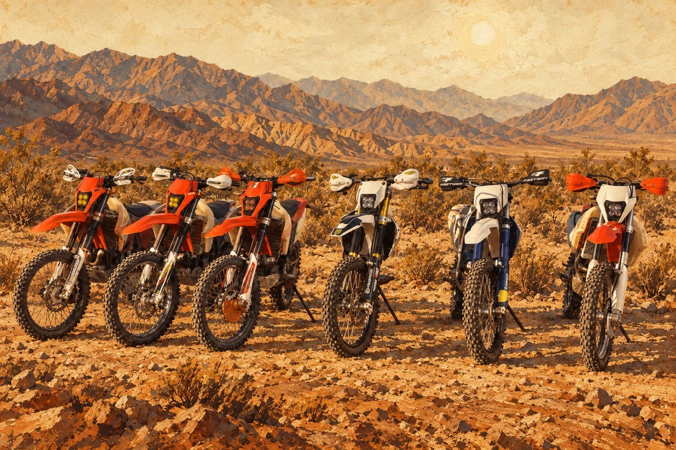 Western-style illustration of six orange and white KTM and Husqvarna dual sports lined up in the desert