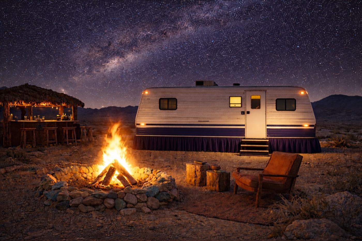 The Rocket Box vintage trailer at night beside a crackling fire pit under a starry sky