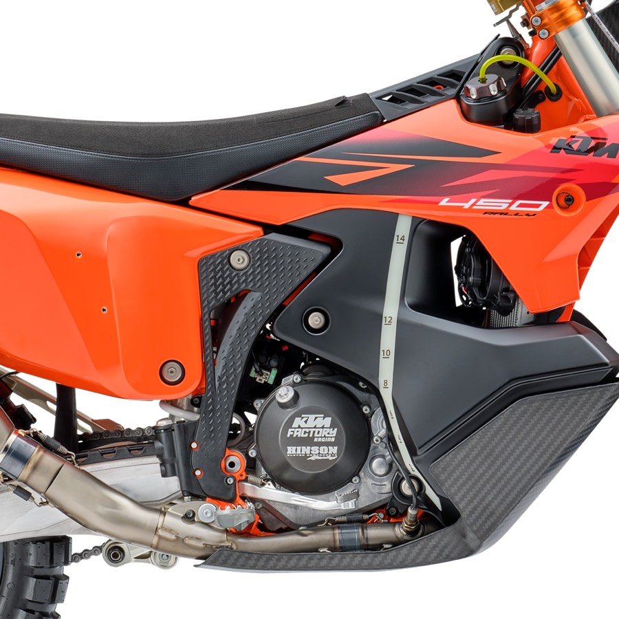 Close-up of the 2027 Rally Replica engine with a KTM Factory Racing Hinson clutch cover