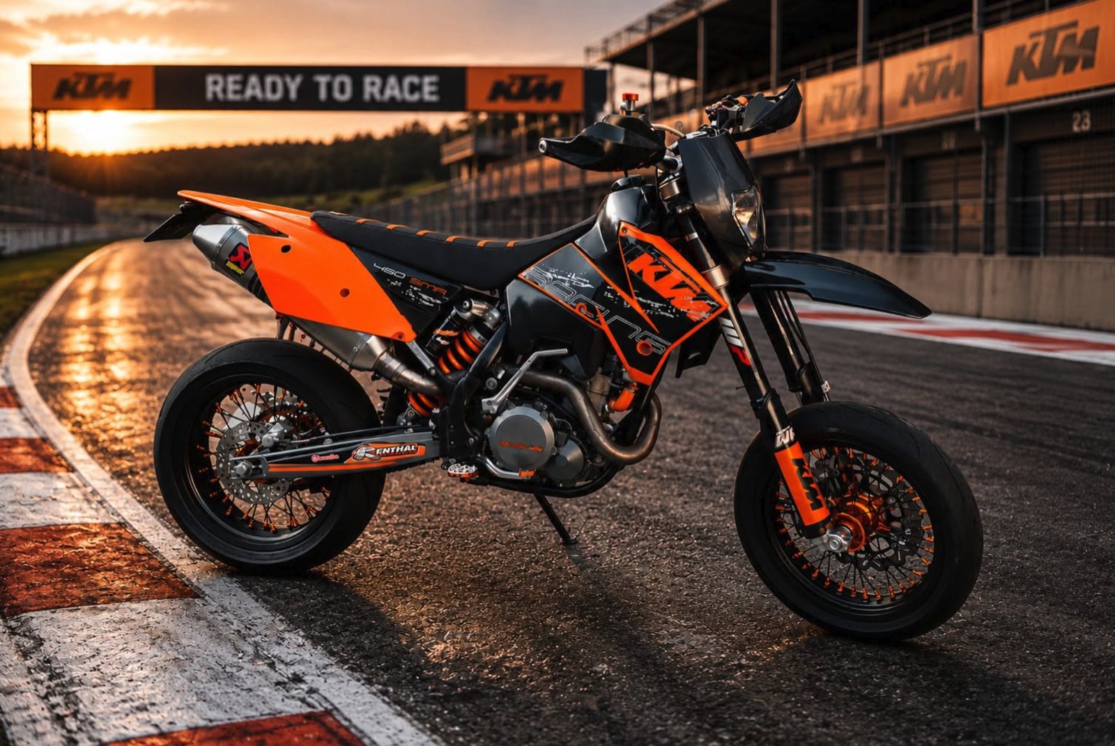 The same KTM 450 SMR on a race track at sunset, background made with AI