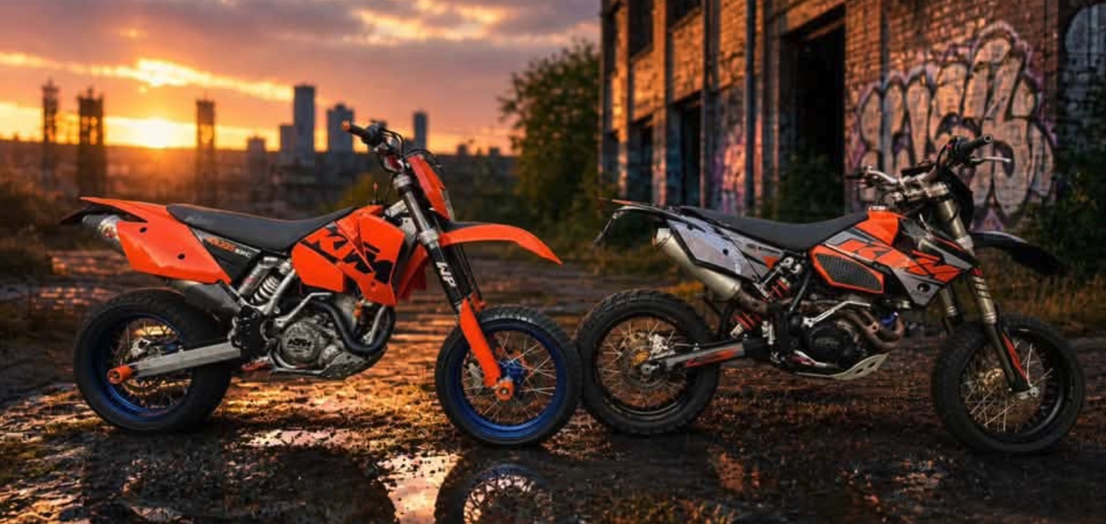 Two orange KTM supermotos side by side at sunset beside a graffiti wall