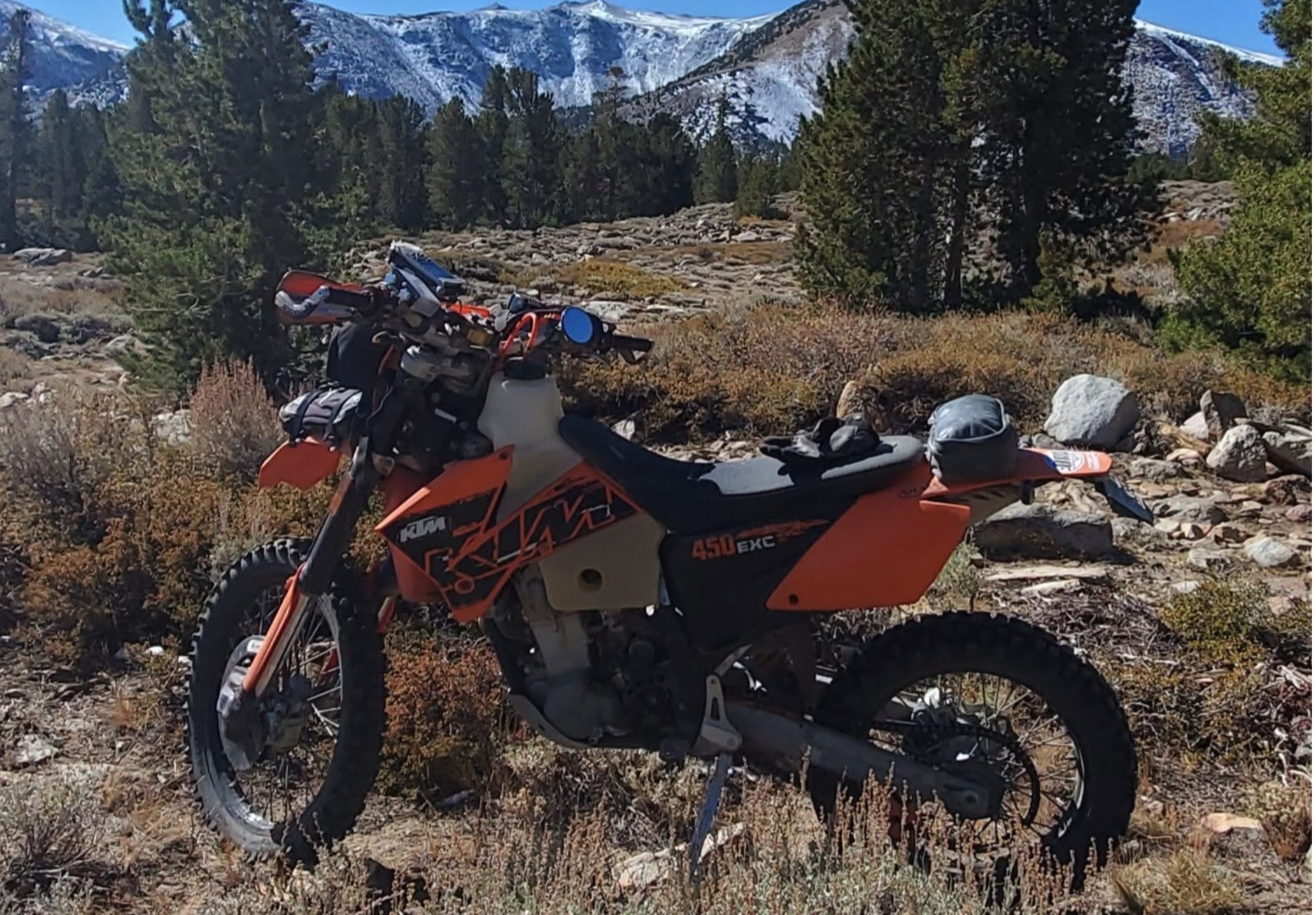 A KTM 450 EXC with soft bags among pines below snowy peaks