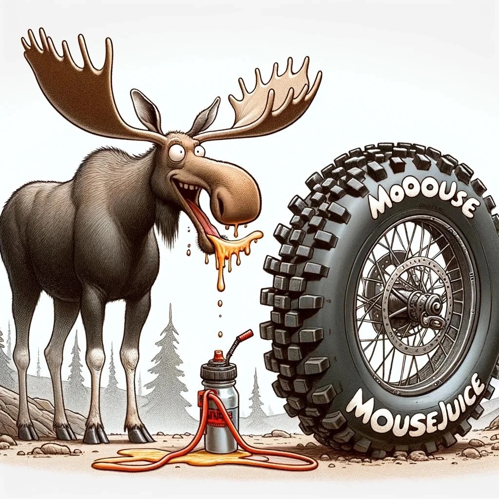 Illustration of a cartoon moose dripping golden juice beside a giant knobby tire