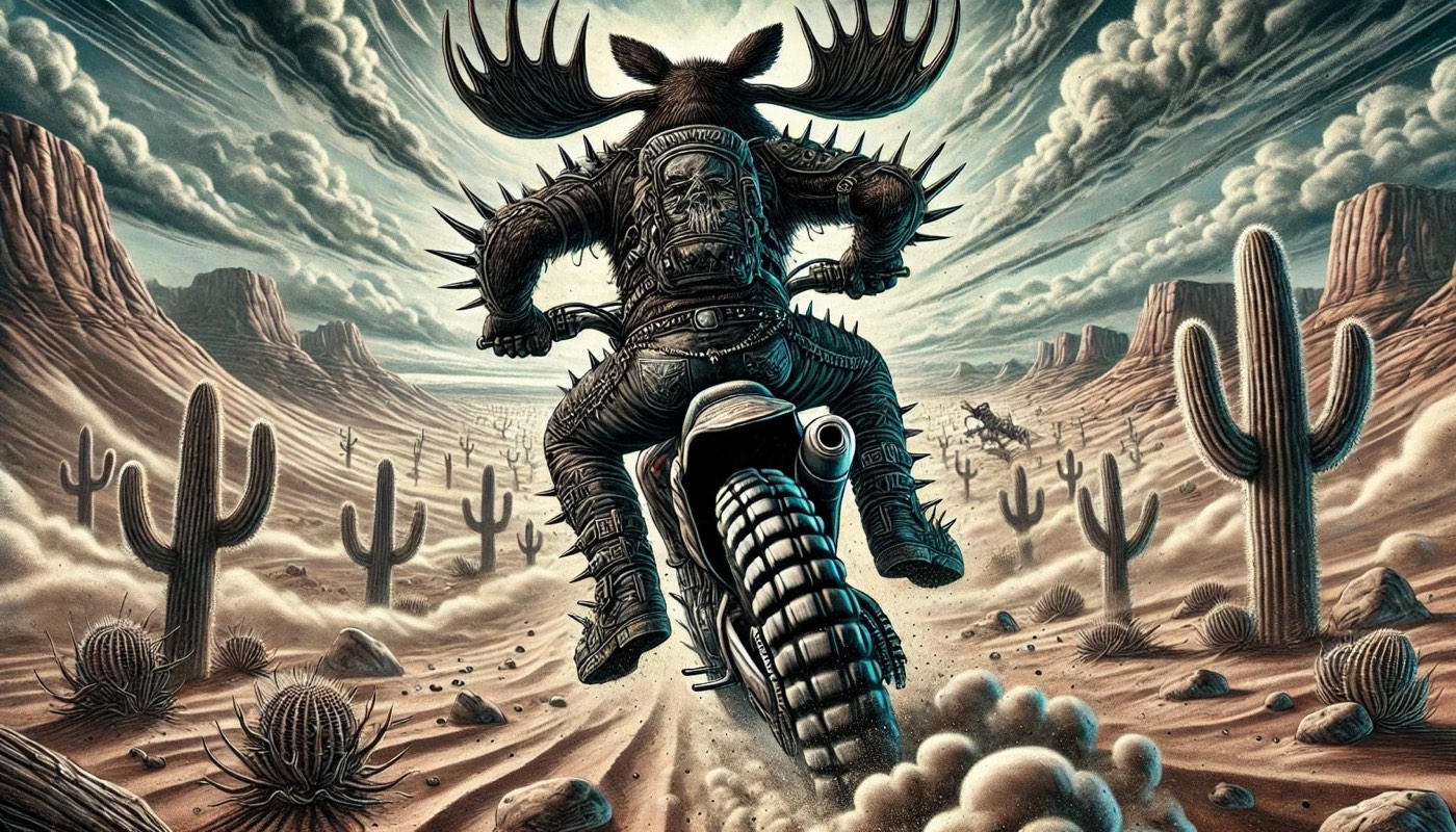 Illustration of an antlered moose rider on a dirt bike, charging through a cactus desert
