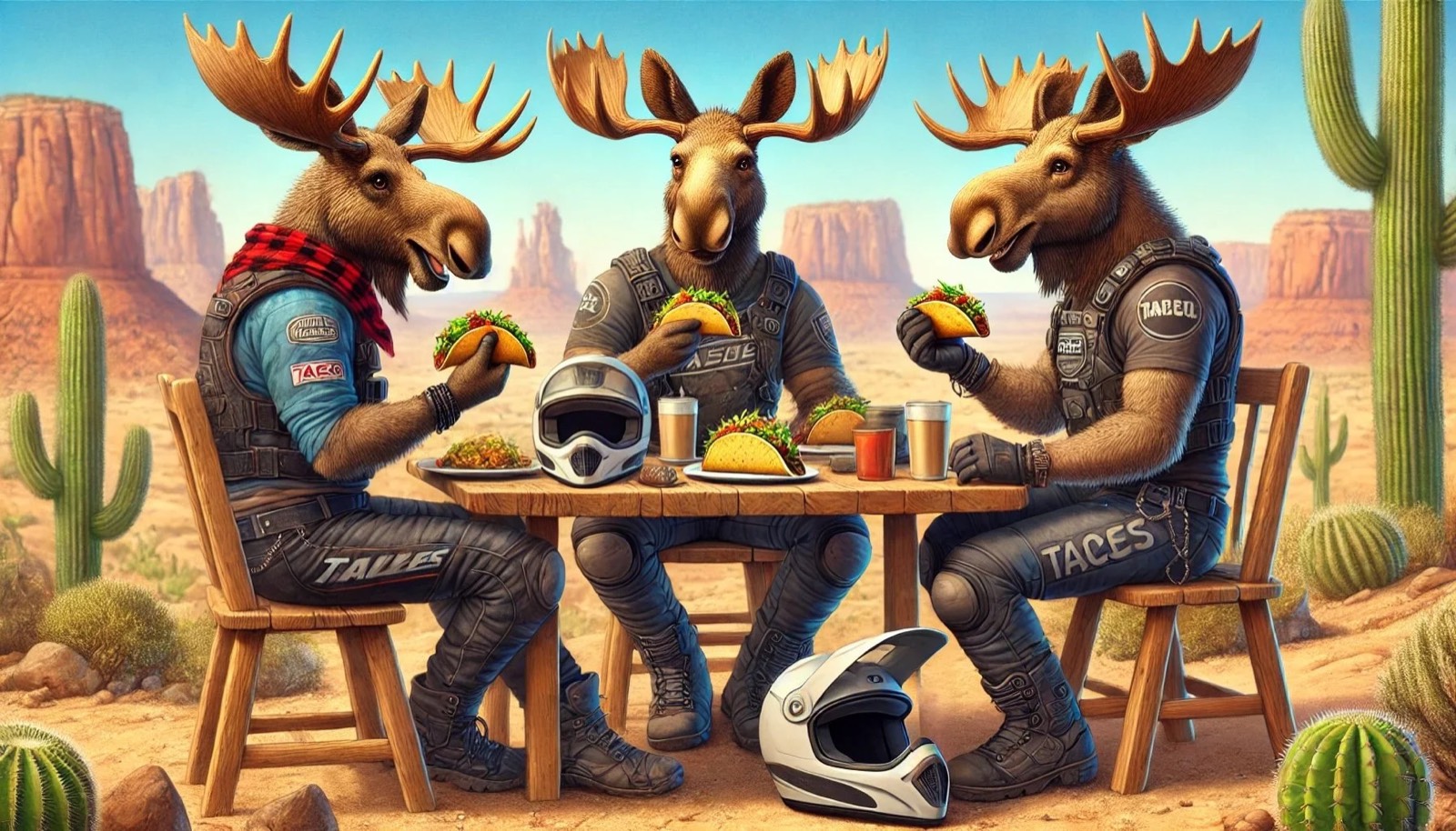 Illustration of three moose riders in riding gear eating tacos at a table in the desert