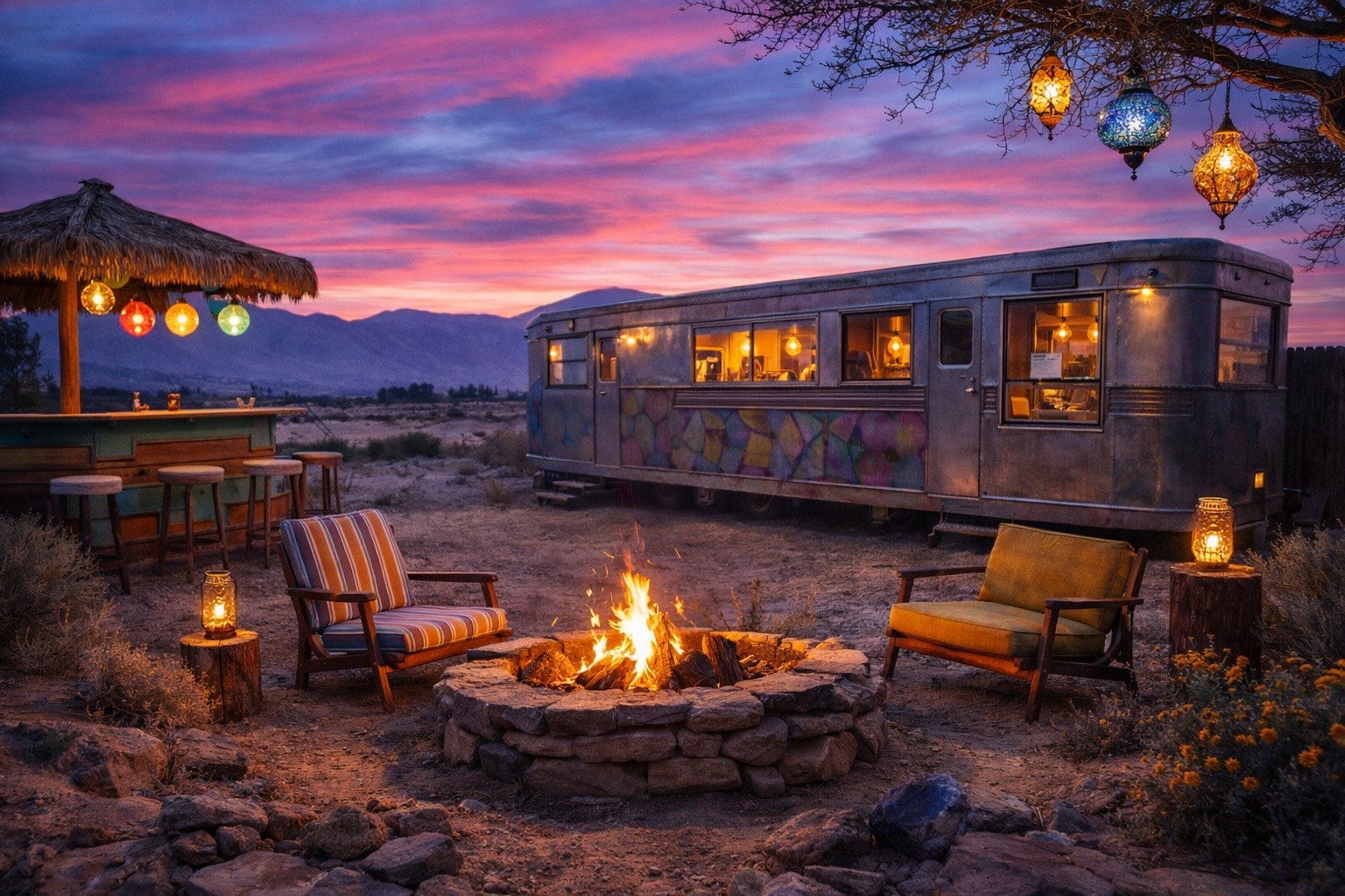 The Artan vintage trailer at dusk with lanterns, camp chairs and a fire pit