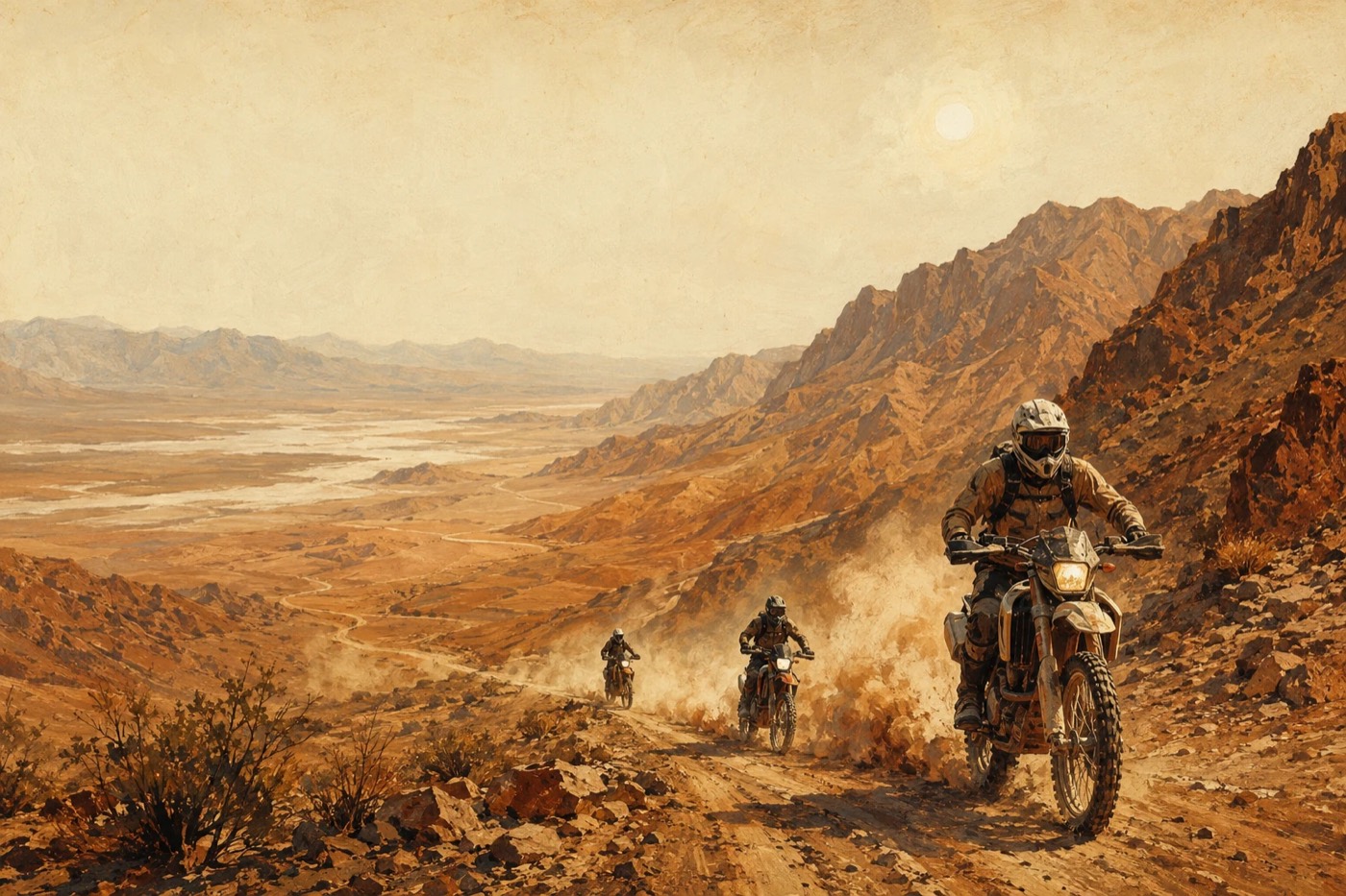Western-style illustration of three dual sport riders kicking up dust on a desert track below the mountains