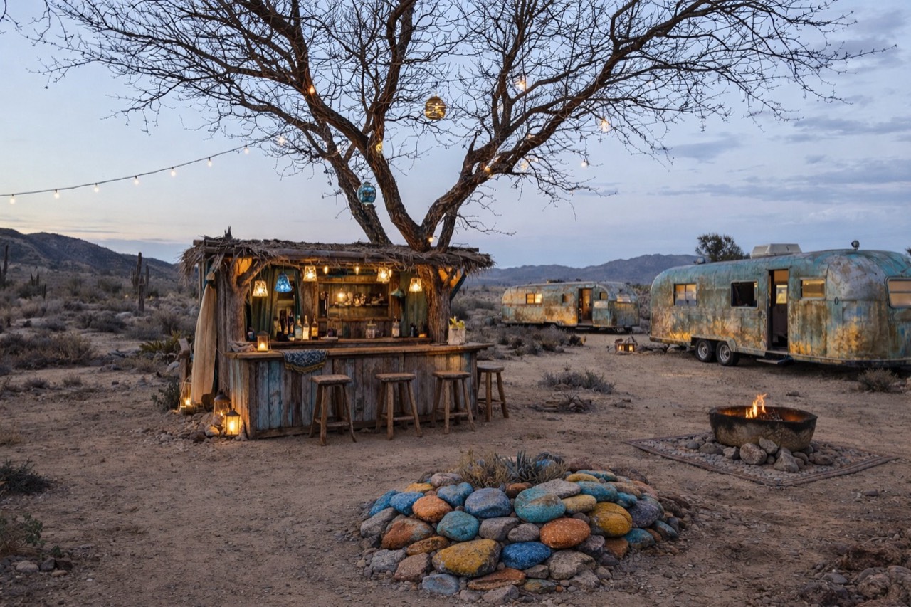 RuthVille's tiki bar, stone fire pit and vintage trailers at dusk