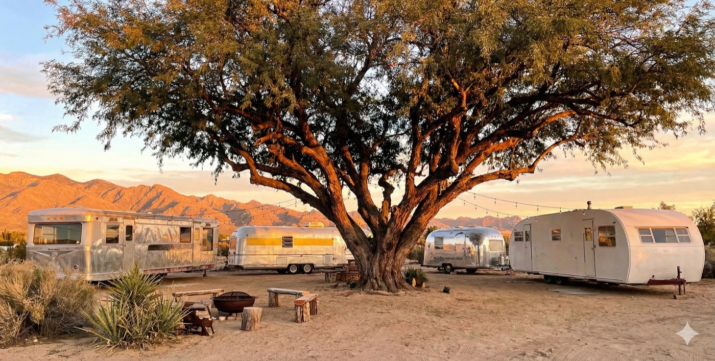 Vintage aluminum trailers under a big desert tree at RuthVille, mountains behind